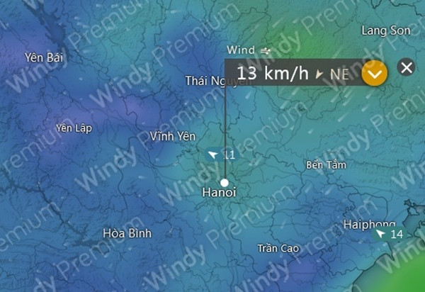 Gió mùa Đông Bắc (NE - Northeast) về đến Hà Nội vào thứ Ba tuần tới, 9/4. Ảnh: Windy. Gió mùa Đông Bắc (NE - Northeast) về đến Hà Nội vào thứ Ba tuần tới, 9/4. Ảnh: Windy.