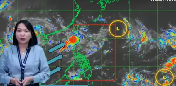 Bản tin của PAGASA cho biết đang theo dõi 2 vùng áp thấp (ký hiệu chữ L khoanh tròn). Ảnh: Inquirer.