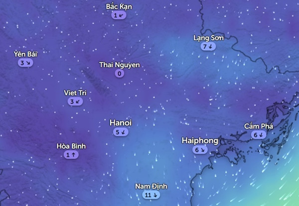 Gió Đông Bắc ở một số tỉnh thành miền Bắc vào sáng nay, 20/5 (những con số trong hình là tốc độ gió, tính theo km/h). Ảnh: Zoom Earth, OpenStreetMap. Gió Đông Bắc ở một số tỉnh thành miền Bắc vào sáng nay, 20/5 (những con số trong hình là tốc độ gió, tính theo km/h). Ảnh: Zoom Earth, OpenStreetMap.