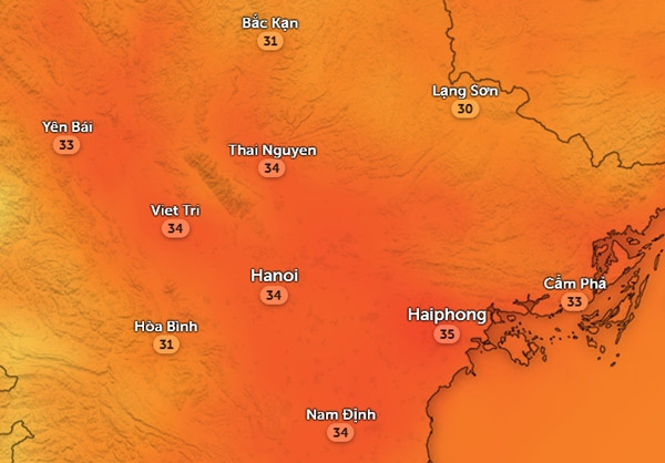 Nhiệt độ cảm nhận ở một số tỉnh thành miền Bắc vào đầu giờ chiều nay, 7/10: Trời khá nóng dù buổi sáng thì se lạnh. Ảnh: Zoom Earth, OpenStreetMap. Nhiệt độ cảm nhận ở một số tỉnh thành miền Bắc vào đầu giờ chiều nay, 7/10: Trời khá nóng dù buổi sáng thì se lạnh. Ảnh: Zoom Earth, OpenStreetMap.