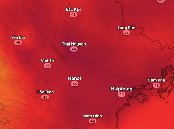 Nhiệt độ cảm nhận tại một số tỉnh thành miền Bắc vào chiều nay, 26/7. Ảnh: Zoom Earth, OpenStreetMap. Nhiệt độ cảm nhận tại một số tỉnh thành miền Bắc vào chiều nay, 26/7. Ảnh: Zoom Earth, OpenStreetMap.
