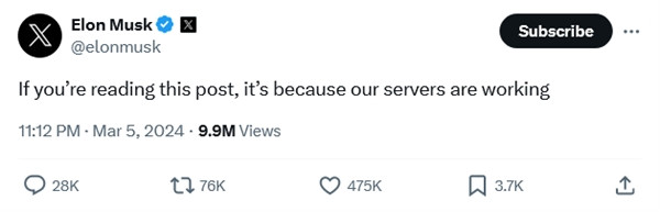 Elon Musk - ông chủ của X - lập tức mỉa mai: "Nếu bạn đang đọc dòng này, đó là vì các máy chủ của chúng tôi vẫn đang hoạt động". (Ảnh chụp màn hình X). Elon Musk - ông chủ của X - lập tức mỉa mai: "Nếu bạn đang đọc dòng này, đó là vì các máy chủ của chúng tôi vẫn đang hoạt động". (Ảnh chụp màn hình X).
