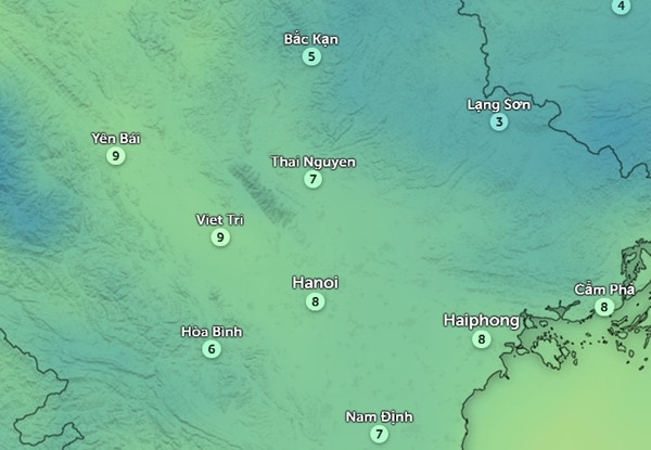 Nhiệt độ thực phổ biến ở Hà Nội và một số tỉnh thành miền Bắc trong đợt rét đậm hiện tại. Ảnh: Zoom Earth, OpenStreetMap.