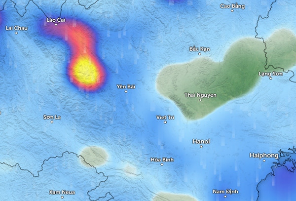 Mưa ở phần lớn miền Bắc vào sáng nay, 13/8 (màu xanh da trời là mưa nhỏ và vừa, màu đỏ là mưa vừa đến mưa to, màu vàng là mưa to đến rất to). Ảnh: Zoom Earth, OpenStreetMap. Mưa ở phần lớn miền Bắc vào sáng nay, 13/8 (màu xanh da trời là mưa nhỏ và vừa, màu đỏ là mưa vừa đến mưa to, màu vàng là mưa to đến rất to). Ảnh: Zoom Earth, OpenStreetMap.