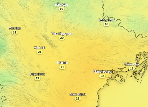 Nhiệt độ cảm nhận ở một số tỉnh thành miền Bắc vào chiều nay, 19/12. Ảnh: Zoom Earth, OpenStreetMap, ICON.