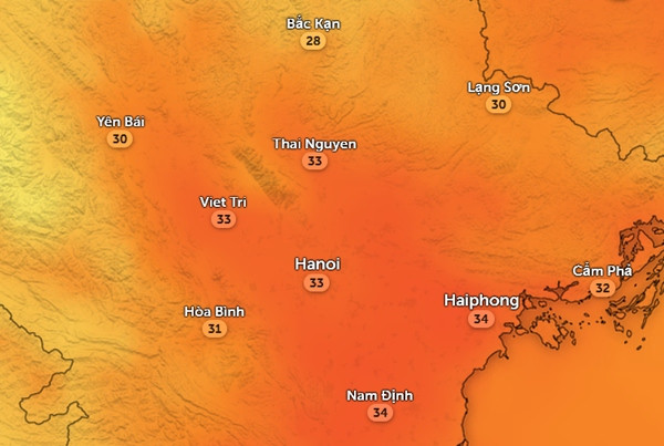 Nhiệt độ cảm nhận ở một số tỉnh thành miền Bắc vào trưa và đầu giờ chiều nay, 14/10. Ảnh: Zoom Earth, OpenStreetMap. Nhiệt độ cảm nhận ở một số tỉnh thành miền Bắc vào trưa và đầu giờ chiều nay, 14/10. Ảnh: Zoom Earth, OpenStreetMap.