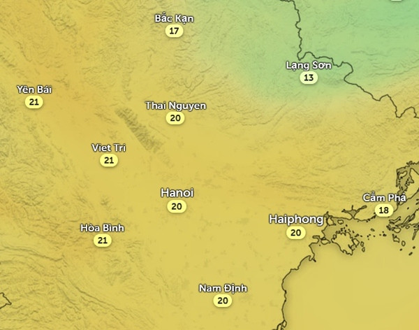 Nhiệt độ ở một số tỉnh thành miền Bắc vào đêm 23/2, rạng sáng 24/2. Ảnh: Zoom Earth, OpenStreetMap. Nhiệt độ ở một số tỉnh thành miền Bắc vào đêm 23/2, rạng sáng 24/2. Ảnh: Zoom Earth, OpenStreetMap.