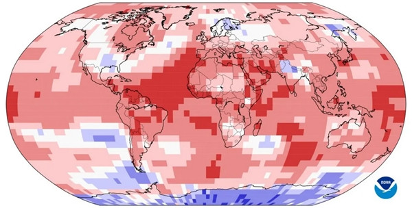 Màu sắc từ xanh da trời đến đỏ cho thấy nhiệt độ toàn cầu từ mức thấp nhất (lạnh nhất) đến cao nhất (nóng nhất) trong tháng 1/2024. Ảnh: NOAA.