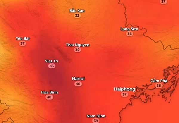 Nhiệt độ cảm nhận ở một số tỉnh thành miền Bắc vào chiều 11/7. Ảnh: Zoom Earth, OpenStreetMap. Nhiệt độ cảm nhận ở một số tỉnh thành miền Bắc vào chiều 11/7. Ảnh: Zoom Earth, OpenStreetMap.