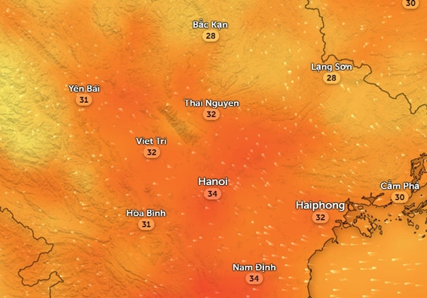 Nhiệt độ cảm nhận thực tế ngoài trời ở một số tỉnh thành miền Bắc vào chiều nay và chiều mai. Ảnh: Zoom Earth, OpenStreetMap. Nhiệt độ cảm nhận thực tế ngoài trời ở một số tỉnh thành miền Bắc vào chiều nay và chiều mai. Ảnh: Zoom Earth, OpenStreetMap.