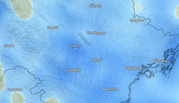 Dự báo gần như toàn miền Bắc có mưa vào sáng thứ Hai, 6/5. (Những vùng màu xanh da trời là có mưa). Ảnh: Zoom Earth, OpenStreetMap.