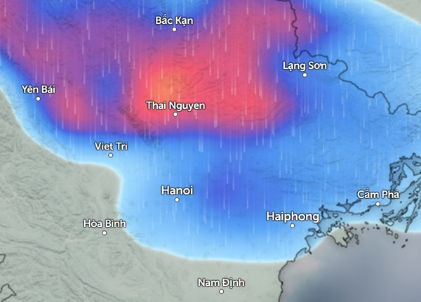 Dự báo mưa ở một số tỉnh thành miền Bắc vào đêm thứ Bảy, rạng sáng Chủ Nhật (màu xanh da trời là mưa nhỏ đến vừa, màu đỏ là mưa vừa đến mưa to). Ảnh: Zoom Earth, OpenStreetMap. Dự báo mưa ở một số tỉnh thành miền Bắc vào đêm thứ Bảy, rạng sáng Chủ Nhật (màu xanh da trời là mưa nhỏ đến vừa, màu đỏ là mưa vừa đến mưa to). Ảnh: Zoom Earth, OpenStreetMap.