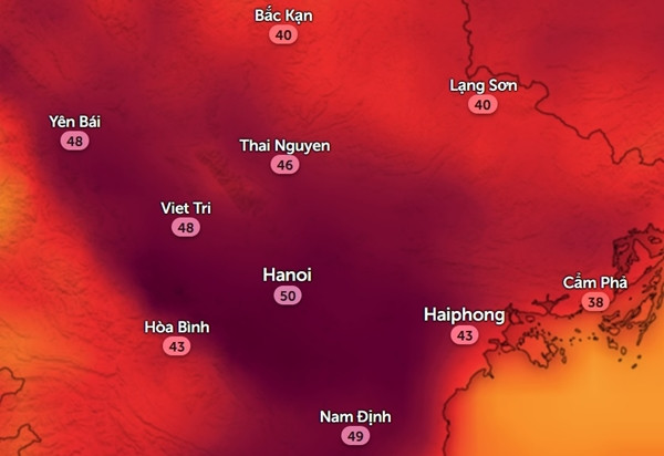 Nhiệt độ cảm nhận thực tế ngoài trời ở một số tỉnh thành miền Bắc vào chiều thứ Sáu, 26/4. Ảnh: Zoom Earth, OpenStreetMap. Nhiệt độ cảm nhận thực tế ngoài trời ở một số tỉnh thành miền Bắc vào chiều thứ Sáu, 26/4. Ảnh: Zoom Earth, OpenStreetMap.