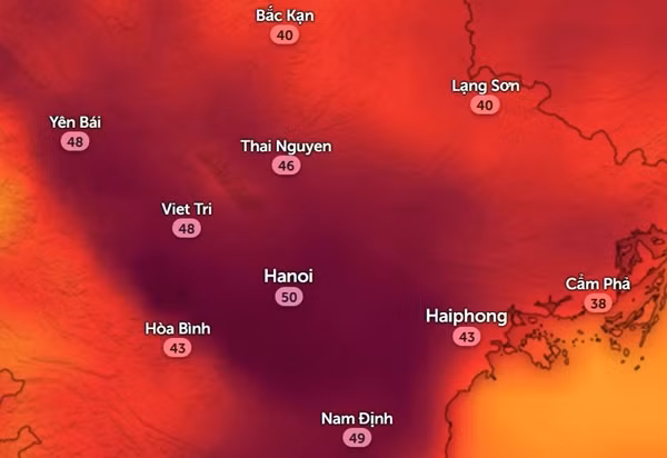 Nhiệt độ cảm nhận thực tế ngoài trời ở một số tỉnh thành miền Bắc vào chiều thứ Sáu, 26/4. Ảnh: Zoom Earth, OpenStreetMap.