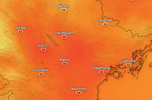 Nhiệt độ cảm nhận ở một số tỉnh thành miền Bắc vào trưa và chiều 13/10. Ảnh: Zoom Earth, OpenStreetMap. Nhiệt độ cảm nhận ở một số tỉnh thành miền Bắc vào trưa và chiều 13/10. Ảnh: Zoom Earth, OpenStreetMap.