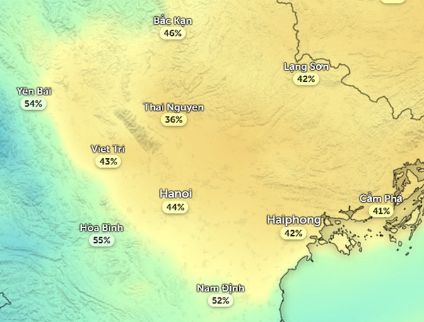Độ ẩm ở một số tỉnh thành miền Bắc vào trưa và chiều nay, 20/12: Trời rất hanh khô. Ảnh: Zoom Earth, OpenStreetMap, ICON. Độ ẩm ở một số tỉnh thành miền Bắc vào trưa và chiều nay, 20/12: Trời rất hanh khô. Ảnh: Zoom Earth, OpenStreetMap, ICON.