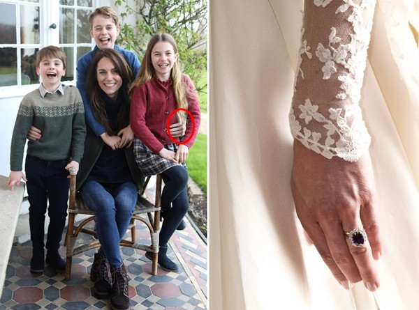 Trong hình ảnh mới (trái), Kate không đeo nhẫn cưới. Ảnh: Kensington Royal; WPA Pool/ Getty Images. Trong hình ảnh mới (trái), Kate không đeo nhẫn cưới. Ảnh: Kensington Royal; WPA Pool/ Getty Images.