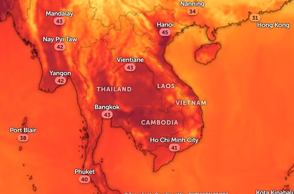 Nhiệt độ ở một số thành phố châu Á lúc 14h thứ Bảy, 20/4: Có thể thấy là nóng hơn lúc giữa trưa. Ảnh: Zoom Earth, OpenStreetMap.