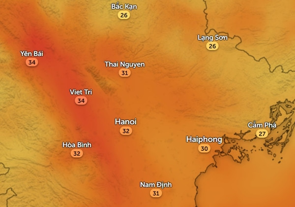 Nhiệt độ ở nhiều tỉnh thành miền Bắc không xuống dưới 30oC vào tối muộn (22h) thứ Bảy, 20/4. Ảnh: Zoom Earth, OpenStreetMap.
