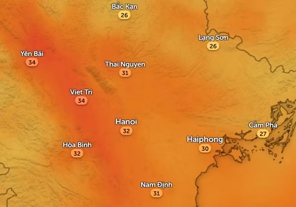 Nhiệt độ ở nhiều tỉnh thành miền Bắc không xuống dưới 30oC vào tối muộn (22h) thứ Bảy, 20/4. Ảnh: Zoom Earth, OpenStreetMap.