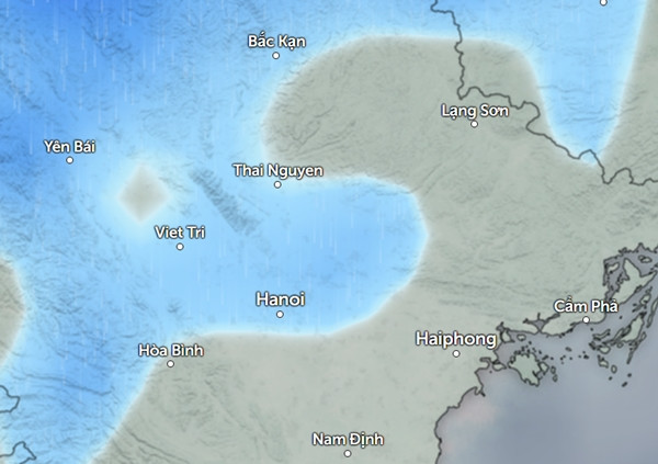 Dự báo mưa ở một số tỉnh thành miền Bắc vào tối thứ Bảy, 27/7 (những vùng màu xanh da trời là mưa nhỏ đến vừa). Ảnh: Zoom Earth, OpenStreetMap. Dự báo mưa ở một số tỉnh thành miền Bắc vào tối thứ Bảy, 27/7 (những vùng màu xanh da trời là mưa nhỏ đến vừa). Ảnh: Zoom Earth, OpenStreetMap.