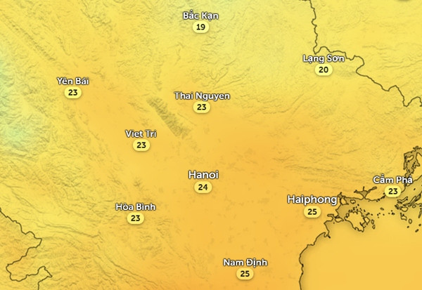 Nhiệt độ cảm nhận ở một số tỉnh thành miền Bắc vào trưa và chiều mai, 6/12. Ảnh: Zoom Earth, OpenStreetMap, ICON. Nhiệt độ cảm nhận ở một số tỉnh thành miền Bắc vào trưa và chiều mai, 6/12. Ảnh: Zoom Earth, OpenStreetMap, ICON.