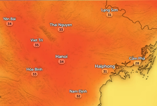 Nhiệt độ khá cao ở nhiều tỉnh thành miền Bắc vào chiều thứ Hai và thứ Ba (2 ngày tương tự nhau). Ảnh: Zoom Earth, OpenStreetMap.