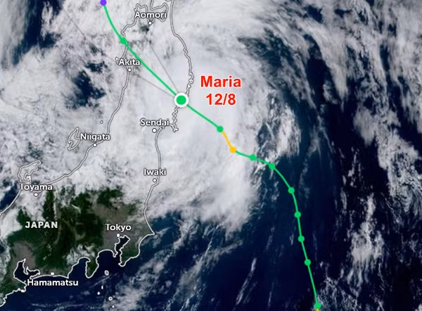 Bão Maria đổ bộ Nhật Bản vào sáng nay. Ảnh: Zoom Earth, JMA.