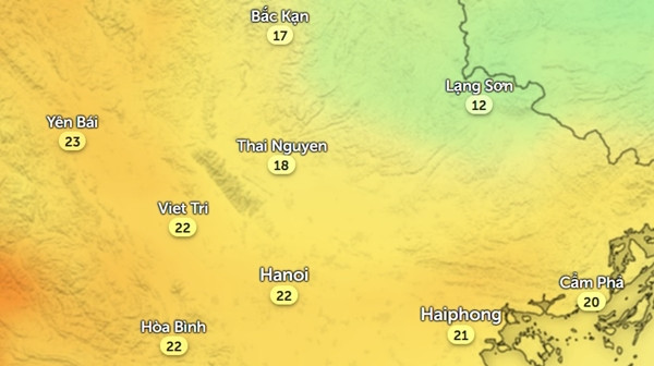 Nhiệt độ ở một số tỉnh thành miền Bắc vào chiều nay, 23/2. Ảnh: Zoom Earth, OpenStreetMap.