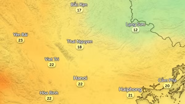 Nhiệt độ ở một số tỉnh thành miền Bắc vào chiều nay, 23/2. Ảnh: Zoom Earth, OpenStreetMap.