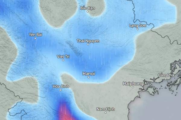 Dự báo mưa ở một số tỉnh thành miền Bắc vào chiều và tối Chủ Nhật, 11/8 (những vùng màu xanh da trời là mưa nhỏ đến vừa, màu đỏ là mưa vừa đến mưa to). Ảnh: Zoom Earth, OpenStreetMap. Dự báo mưa ở một số tỉnh thành miền Bắc vào chiều và tối Chủ Nhật, 11/8 (những vùng màu xanh da trời là mưa nhỏ đến vừa, màu đỏ là mưa vừa đến mưa to). Ảnh: Zoom Earth, OpenStreetMap.