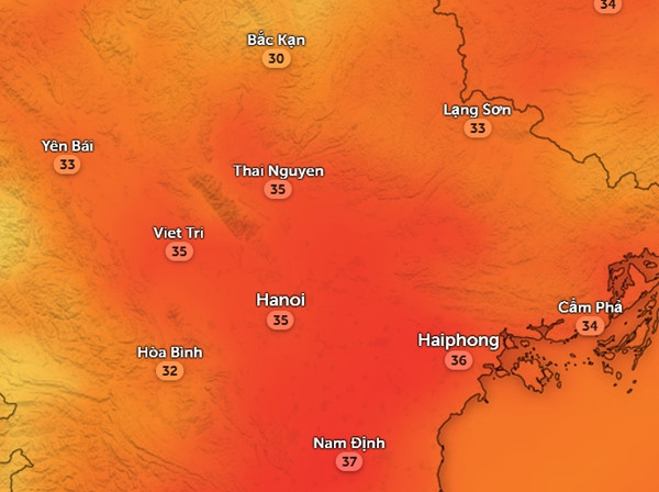 Nhiệt độ cảm nhận ở một số tỉnh thành miền Bắc vào trưa và chiều 26/9: Có thể thấy trời nóng hơn rõ rệt. Ảnh: Zoom Earth, OpenStreetMap.
