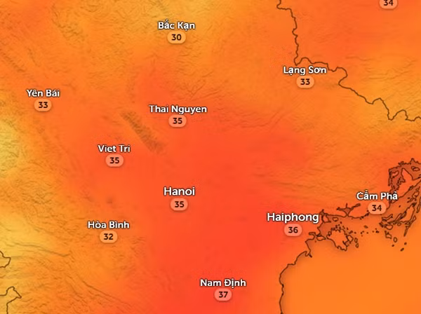 Nhiệt độ cảm nhận ở một số tỉnh thành miền Bắc vào trưa và chiều 26/9: Có thể thấy trời nóng hơn rõ rệt. Ảnh: Zoom Earth, OpenStreetMap. Nhiệt độ cảm nhận ở một số tỉnh thành miền Bắc vào trưa và chiều 26/9: Có thể thấy trời nóng hơn rõ rệt. Ảnh: Zoom Earth, OpenStreetMap.