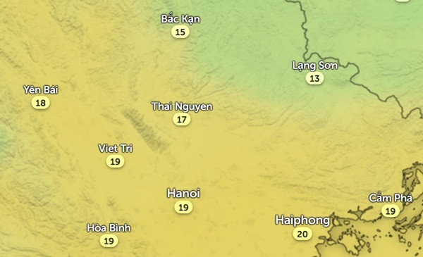 Dự báo nhiệt độ thực ở Hà Nội và một số tỉnh thành miền Bắc vào tối Chủ Nhật, 21/1. Ảnh: Zoom Earth, OpenStreetMap. Dự báo nhiệt độ thực ở Hà Nội và một số tỉnh thành miền Bắc vào tối Chủ Nhật, 21/1. Ảnh: Zoom Earth, OpenStreetMap.