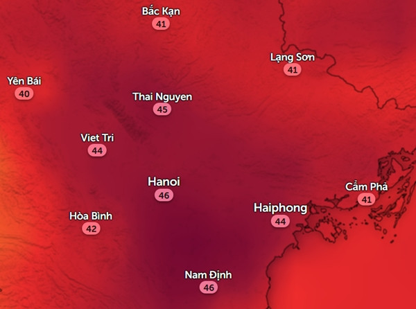 Nhiệt độ cảm nhận ở một số tỉnh thành miền Bắc vào chiều 27/7. Ảnh: Zoom Earth, OpenStreetMap.