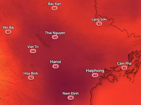 Nhiệt độ cảm nhận ở một số tỉnh thành miền Bắc vào chiều 27/7. Ảnh: Zoom Earth, OpenStreetMap. Nhiệt độ cảm nhận ở một số tỉnh thành miền Bắc vào chiều 27/7. Ảnh: Zoom Earth, OpenStreetMap.