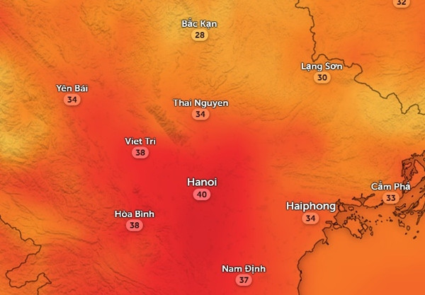 Nhiệt độ cảm nhận ở một số tỉnh thành miền Bắc chiều thứ Bảy, 18/5: Nhiều nơi khá nóng. Ảnh: Zoom Earth, OpenStreetMap. Nhiệt độ cảm nhận ở một số tỉnh thành miền Bắc chiều thứ Bảy, 18/5: Nhiều nơi khá nóng. Ảnh: Zoom Earth, OpenStreetMap.