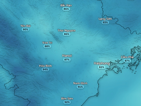 Độ ẩm rất cao ở Hà Nội và một số tỉnh thành miền Bắc vào sáng nay, 11/1. Ảnh: Zoom Earth, OpenStreetMap.