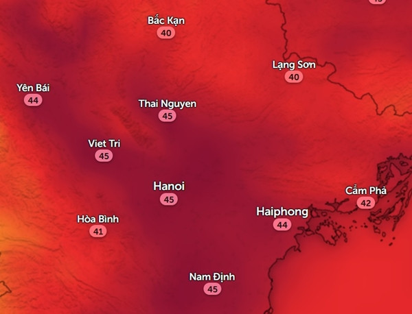 Nhiệt độ cảm nhận ở một số tỉnh thành miền Bắc vào trưa và chiều nay, 14/6. Ảnh: Zoom Earth, OpenStreetMap. Nhiệt độ cảm nhận ở một số tỉnh thành miền Bắc vào trưa và chiều nay, 14/6. Ảnh: Zoom Earth, OpenStreetMap.