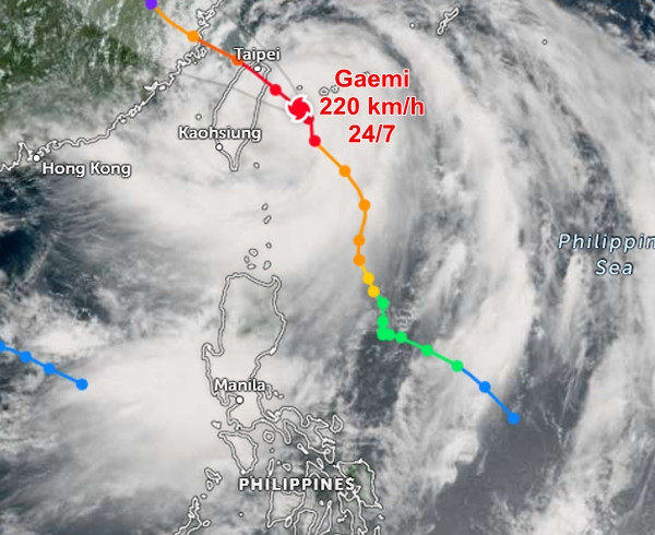 Vị trí và dự báo đường đi của bão Gaemi (Carina) vào sáng nay, 24/7. Ảnh: Zoom Earth.