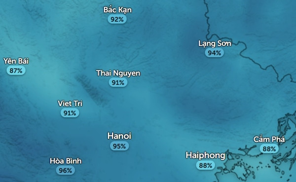 Độ ẩm khá cao ở Hà Nội và một số tỉnh thành miền Bắc vào sáng sớm 17/2. Ảnh: Zoom Earth, OpenStreetMap. Độ ẩm khá cao ở Hà Nội và một số tỉnh thành miền Bắc vào sáng sớm 17/2. Ảnh: Zoom Earth, OpenStreetMap.