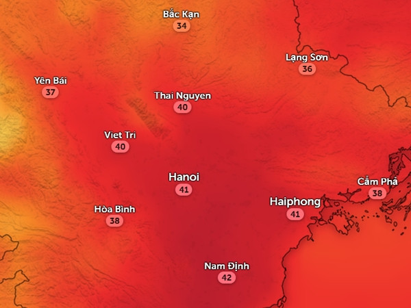 Nhiệt độ cảm nhận ở một số tỉnh thành miền Bắc vào chiều nay, 5/8. Ảnh: Zoom Earth, OpenStreetMap. Nhiệt độ cảm nhận ở một số tỉnh thành miền Bắc vào chiều nay, 5/8. Ảnh: Zoom Earth, OpenStreetMap.