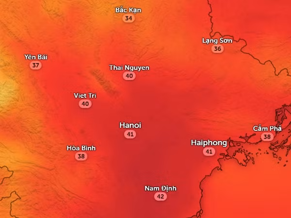 Nhiệt độ cảm nhận ở một số tỉnh thành miền Bắc vào chiều nay, 5/8. Ảnh: Zoom Earth, OpenStreetMap.