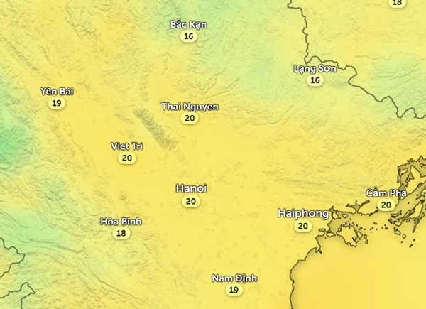 Nhiệt độ ở một số tỉnh thành miền Bắc vào trưa và đầu giờ chiều nay, 27/11. Ảnh: Zoom Earth, OpenStreetMap, ICON.