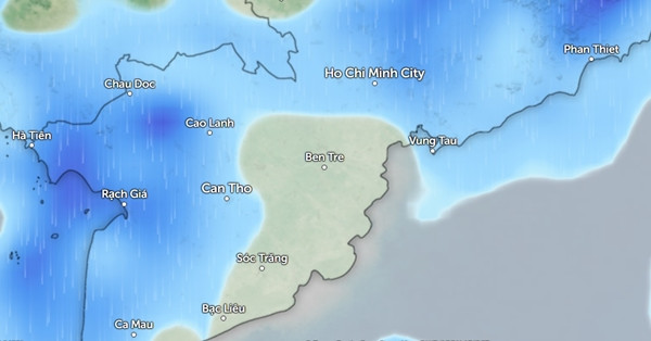 Dự báo mưa (những vùng màu xanh da trời trong hình) ở một số tỉnh thành Nam Bộ chiều tối thứ Tư, 15/5. Ảnh: Zoom Earth, OpenStreetMap. Dự báo mưa (những vùng màu xanh da trời trong hình) ở một số tỉnh thành Nam Bộ chiều tối thứ Tư, 15/5. Ảnh: Zoom Earth, OpenStreetMap.