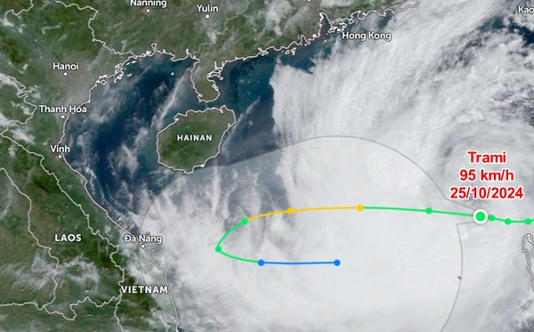 Vị trí hiện tại và đường đi dự báo của bão Trami (cơn bão số 6). Ảnh: Zoom Earth, JMA, JTWC. Vị trí hiện tại và đường đi dự báo của bão Trami (cơn bão số 6). Ảnh: Zoom Earth, JMA, JTWC.