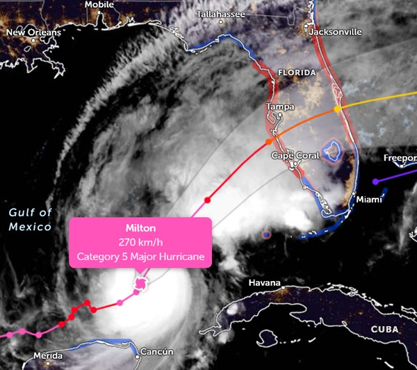 Vị trí hiện tại và đường đi dự báo của siêu bão Milton. Ảnh: Zoom Earth, JMA, JTWC. Vị trí hiện tại và đường đi dự báo của siêu bão Milton. Ảnh: Zoom Earth, JMA, JTWC.