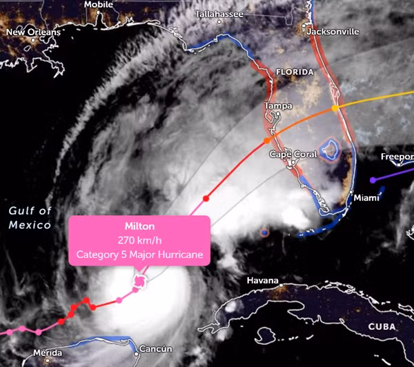 Vị trí hiện tại và đường đi dự báo của siêu bão Milton. Ảnh: Zoom Earth, JMA, JTWC.