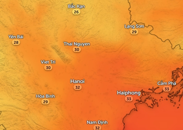 Nhiệt độ cảm nhận ở một số tỉnh thành miền Bắc vào sáng thứ Bảy, 8/6. Ảnh: Zoom Earth, OpenStreetMap.