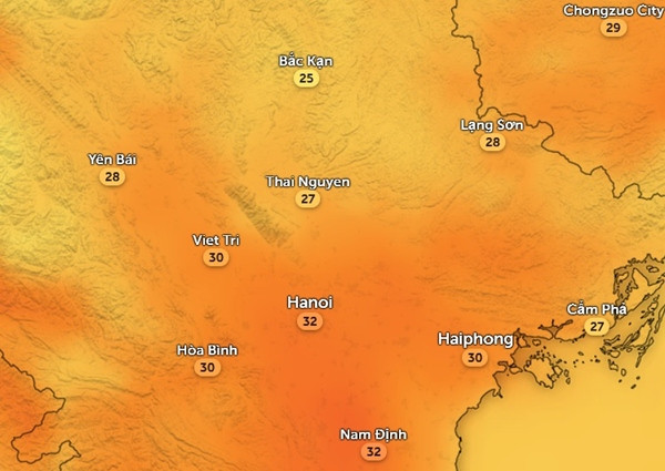 Nhiệt độ ở một số tỉnh thành miền Bắc chiều mai, 10/4. Ảnh: Zoom Earth, OpenStreetMap.